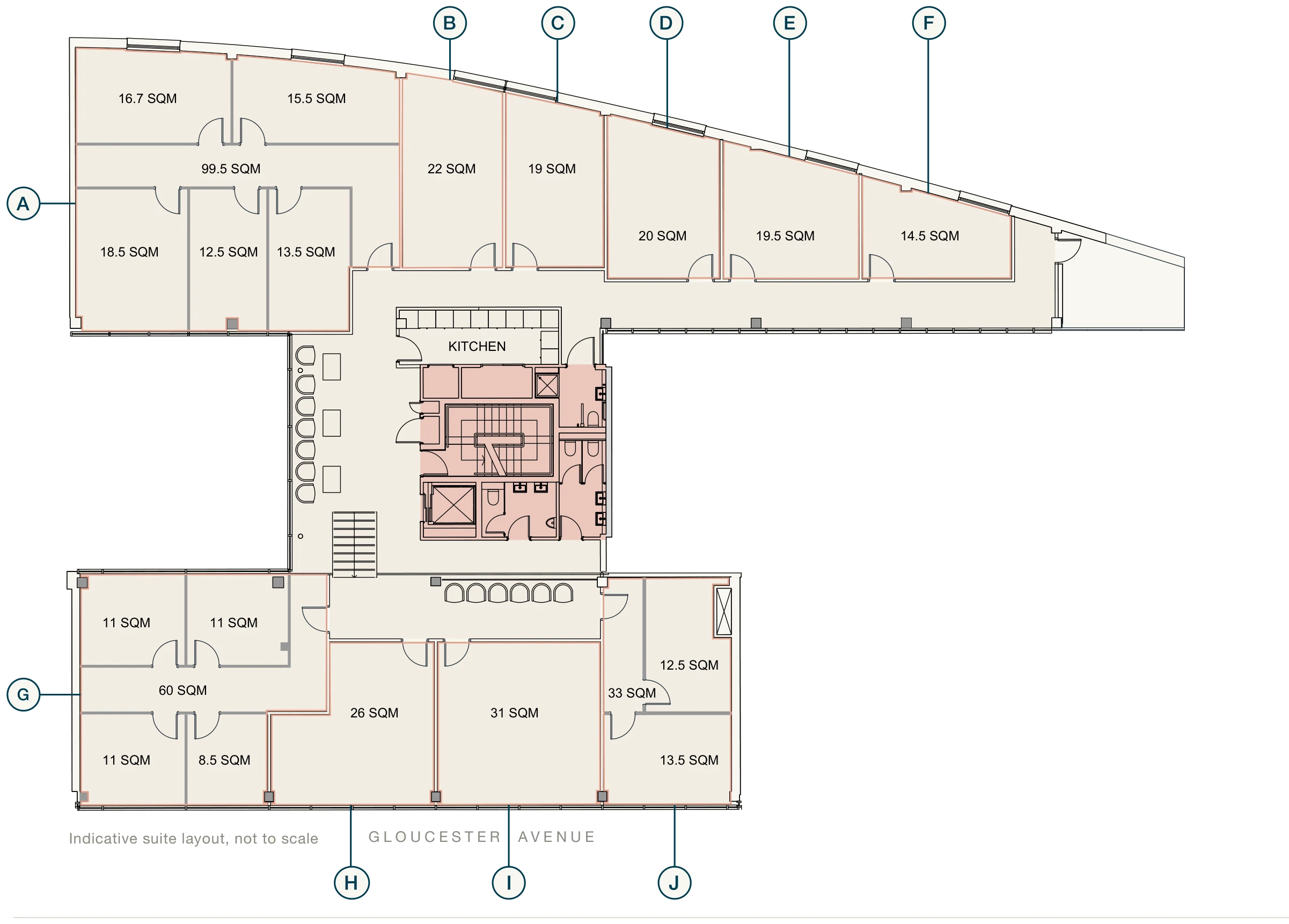 Second floor plan with suites A to J